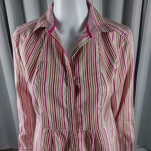 Liz Claiborne 100% Cotton White Tan Pink Striped Button Down Shirt Size Petite M - Picture 2 of 14